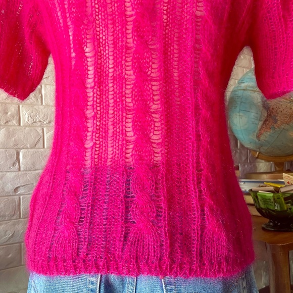 NWT Anthropologie Pink Fuzzy Mohair Blend Open Weave Knit Short Sleeve Sweater - Picture 10 of 13